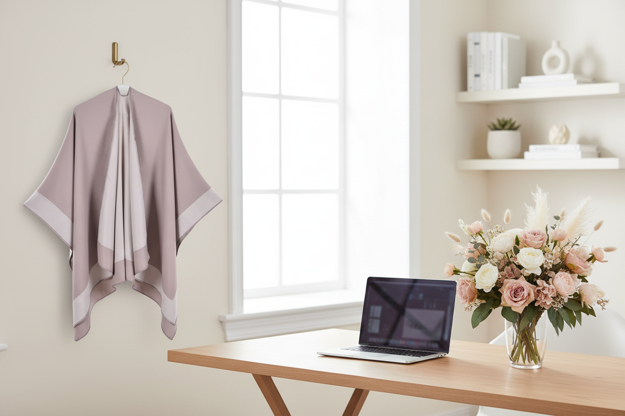 Beige and cream cape hanging in beautiful office with flowers on desk