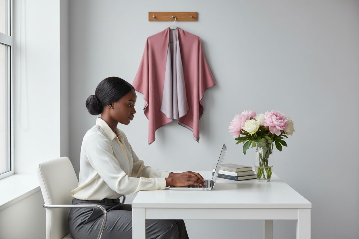 Black African woman in office with mauve shawl hanging and flowers on desk