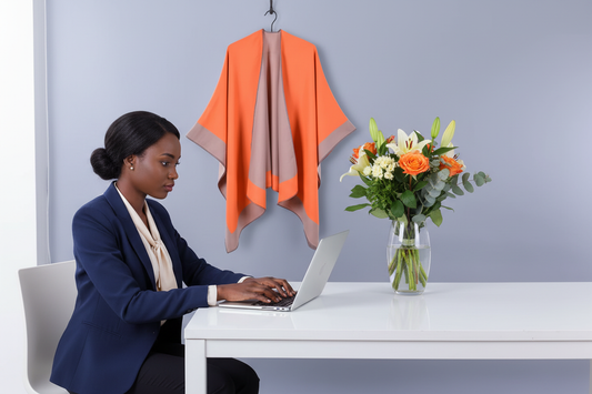 Black African woman in office with orange shawl hanging and flowers on desk