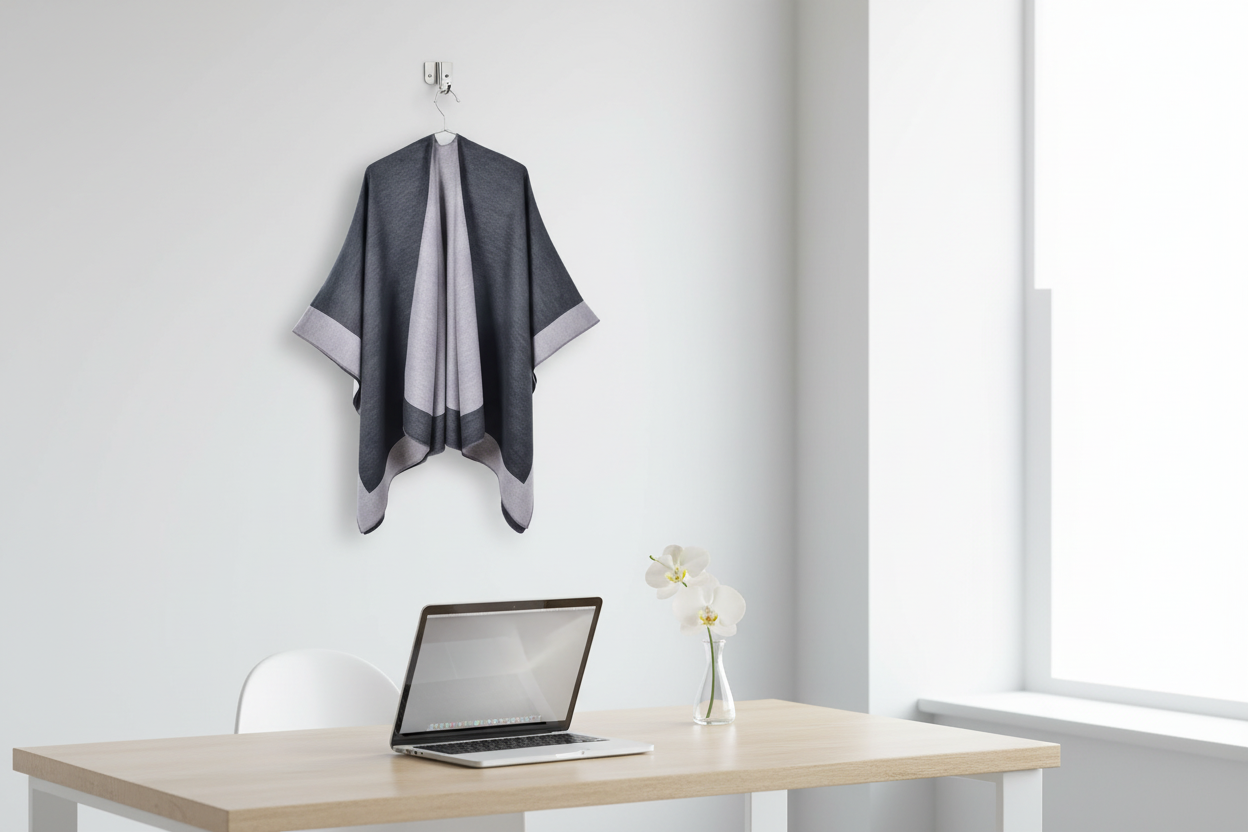 Dark gray and light gray cape hanging in office with laptop and flower