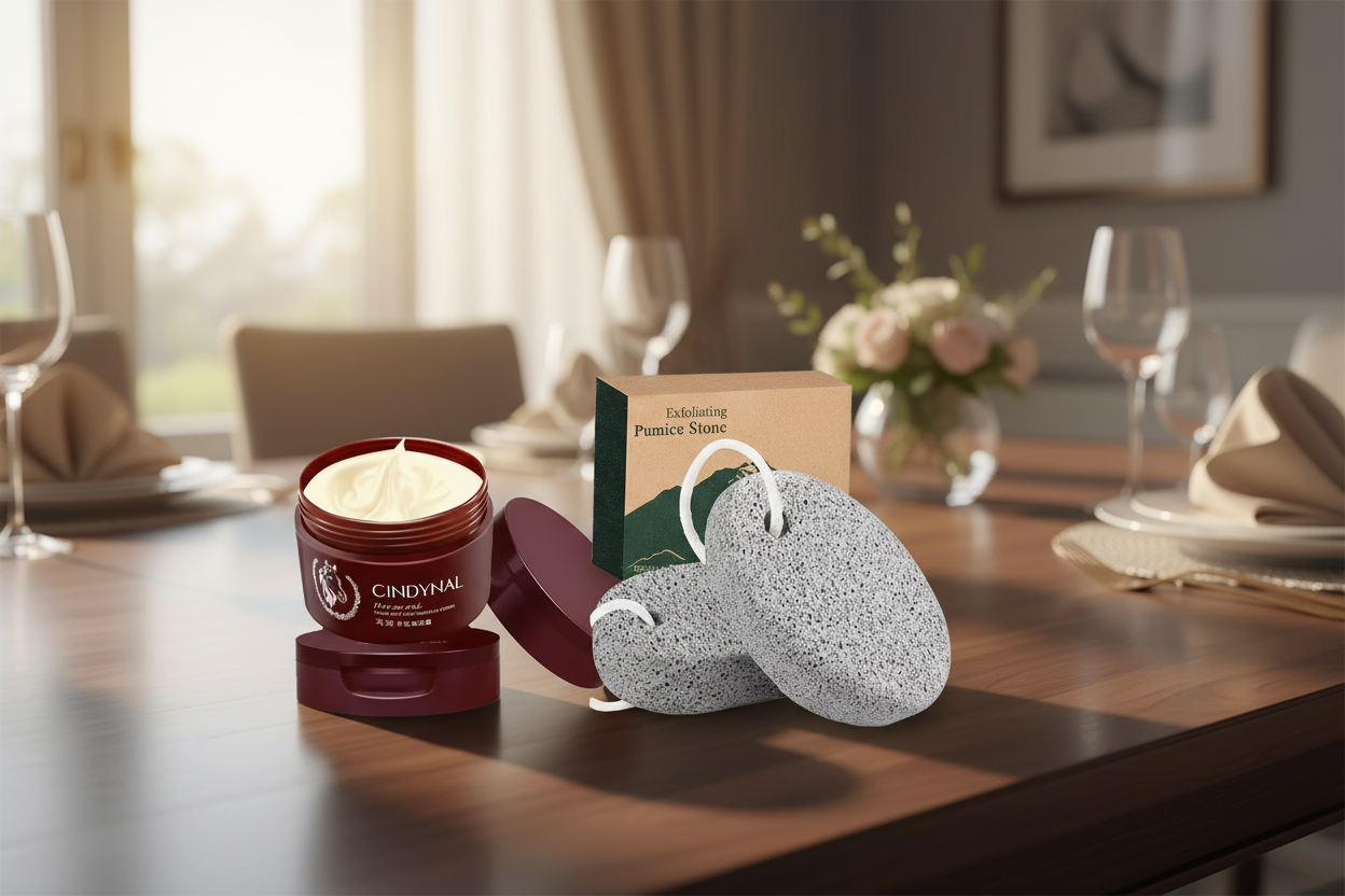 Foot care products on elegant dining table