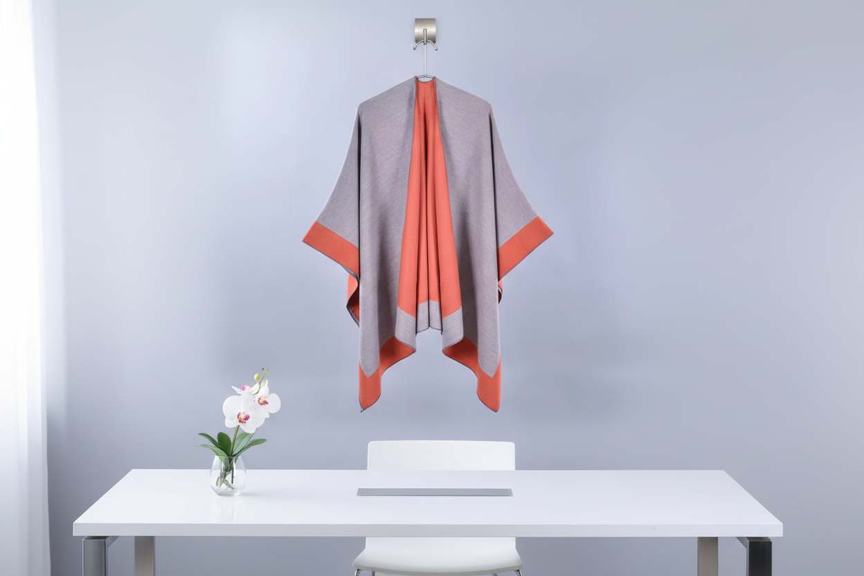 Gray and coral cape hanging in office with flower