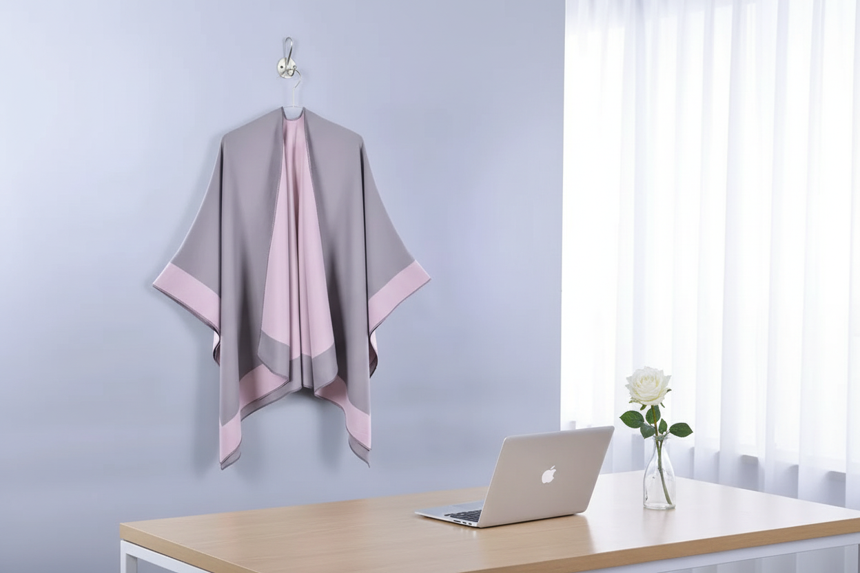 Gray and pink cape hanging in office with laptop and flower