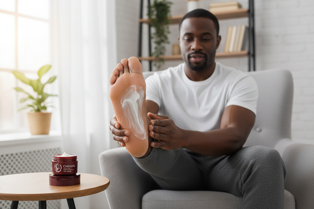 Man using foot cream