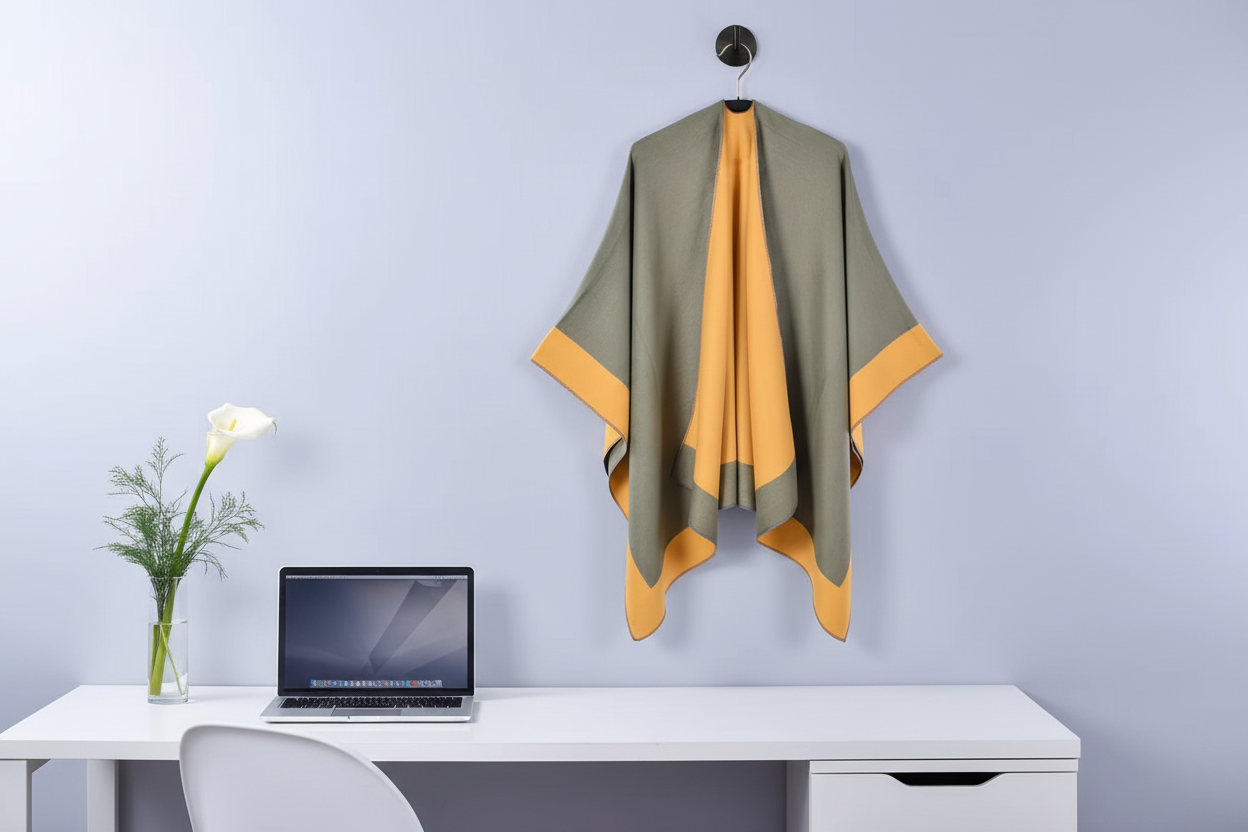 Olive green and yellow cape hanging in office with laptop and flower