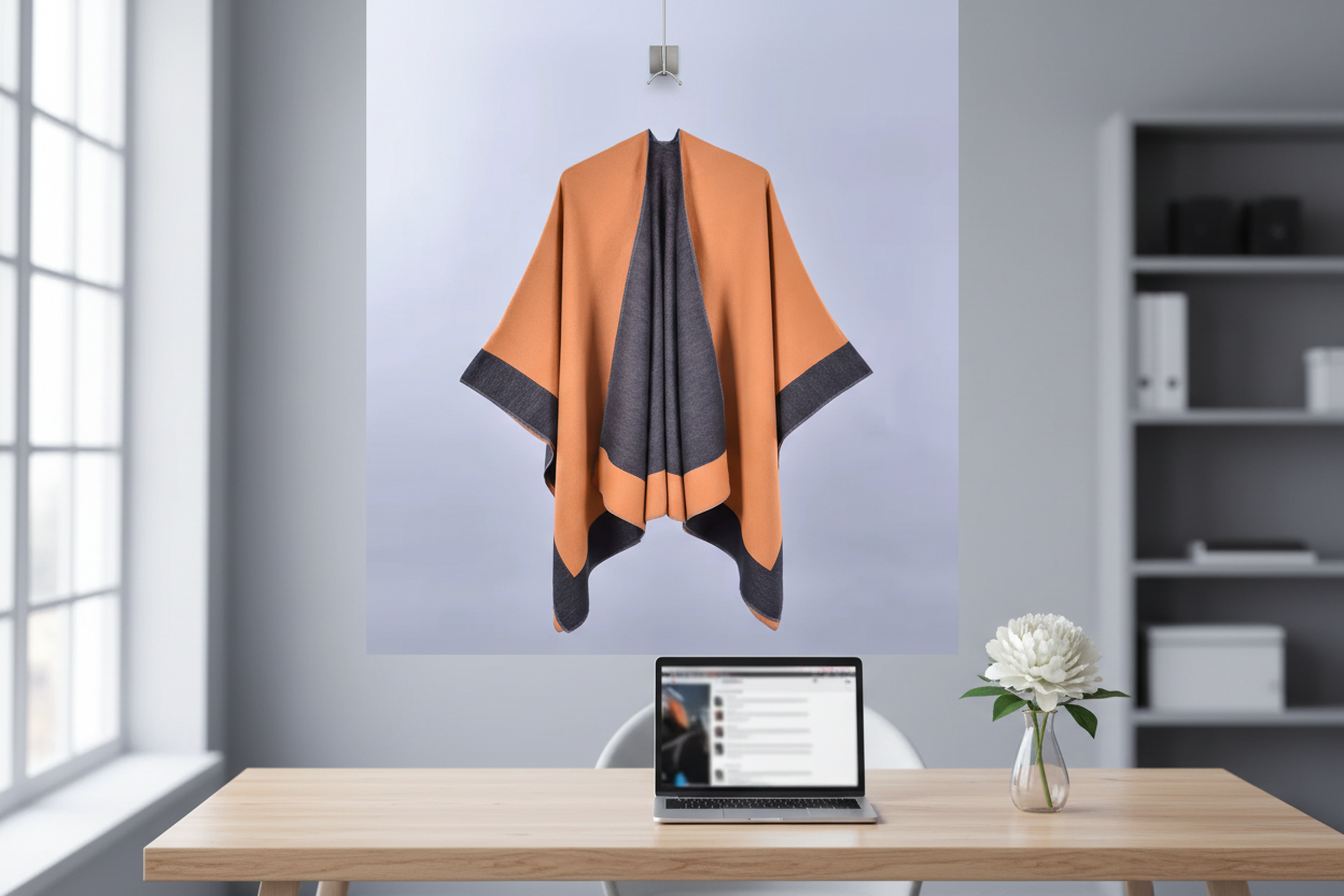 Orange and charcoal cape hanging in office with laptop and flower